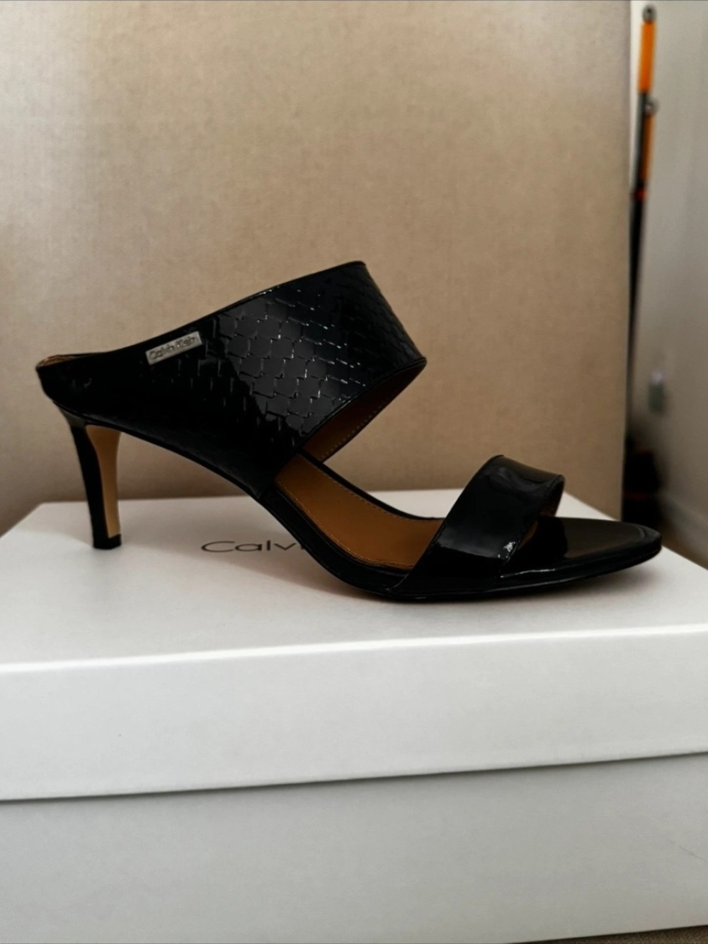 Calvin Klein Black Patent Two-Band Dress Mule Heel
